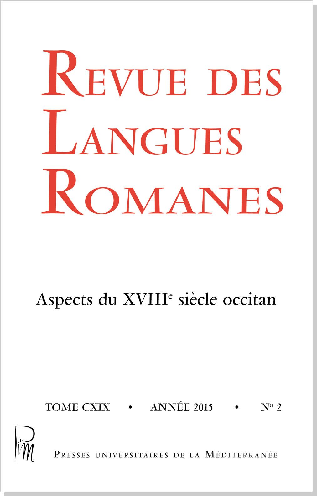 Couverture de Revue des langues romanes T.119 n°2 - Aspect du 18e siècle occitan (D)