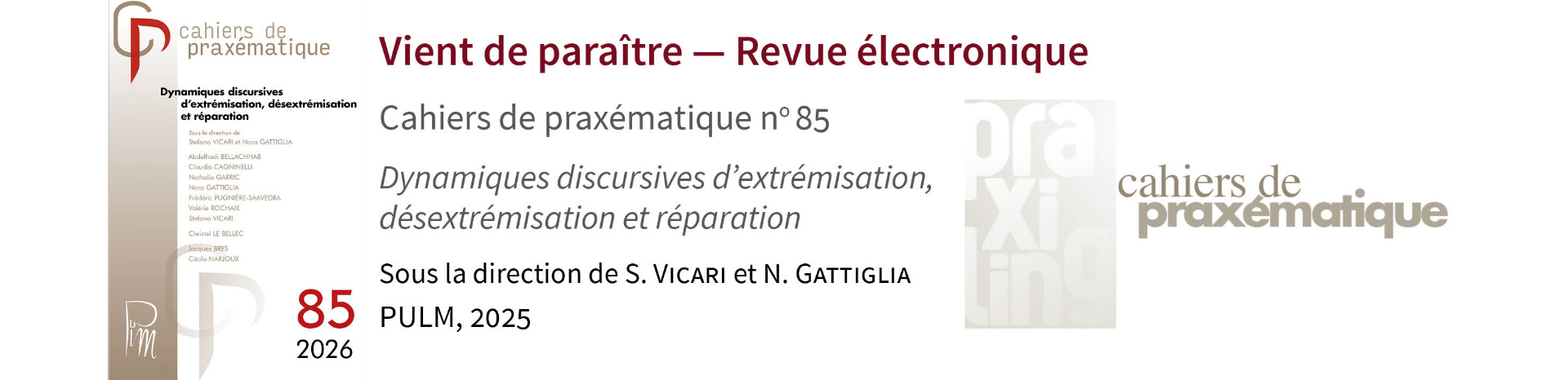 Parution du numéro 85 des Cahiers de praxématique