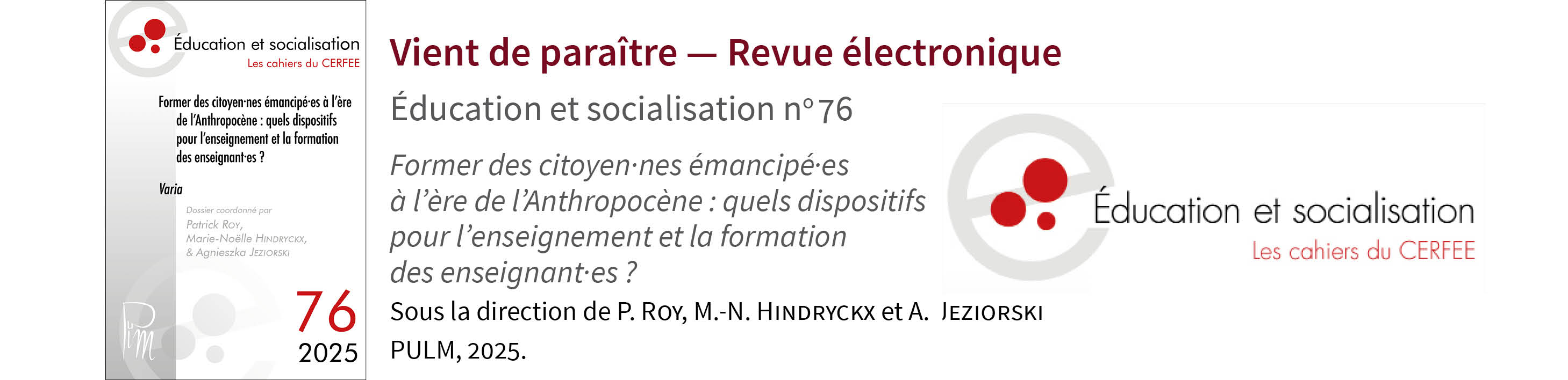 Parution du numéro 76 de la revue Éducation et socialisation