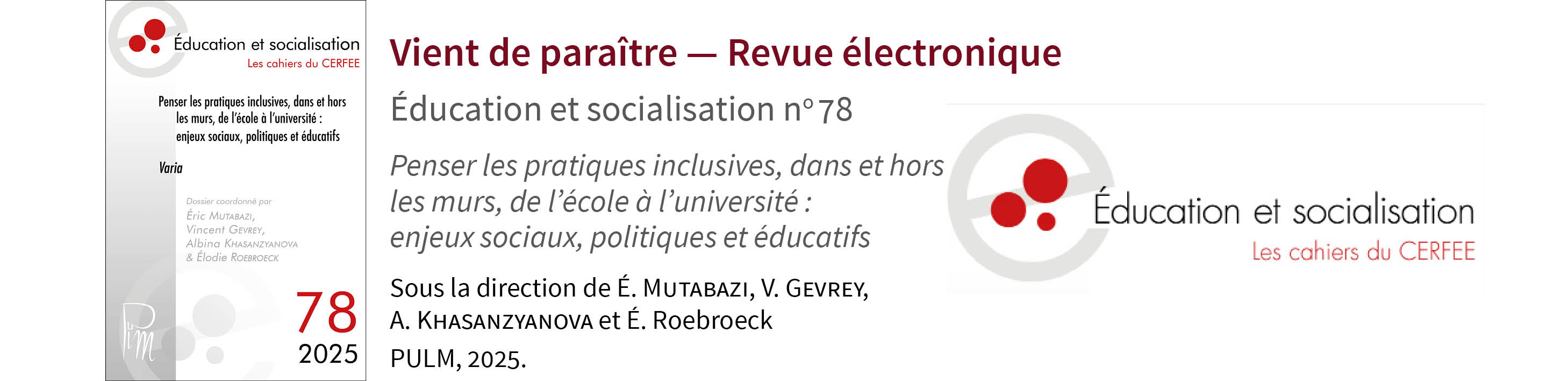 Parution du numéro 78 de la revue Éducation et socialisation
