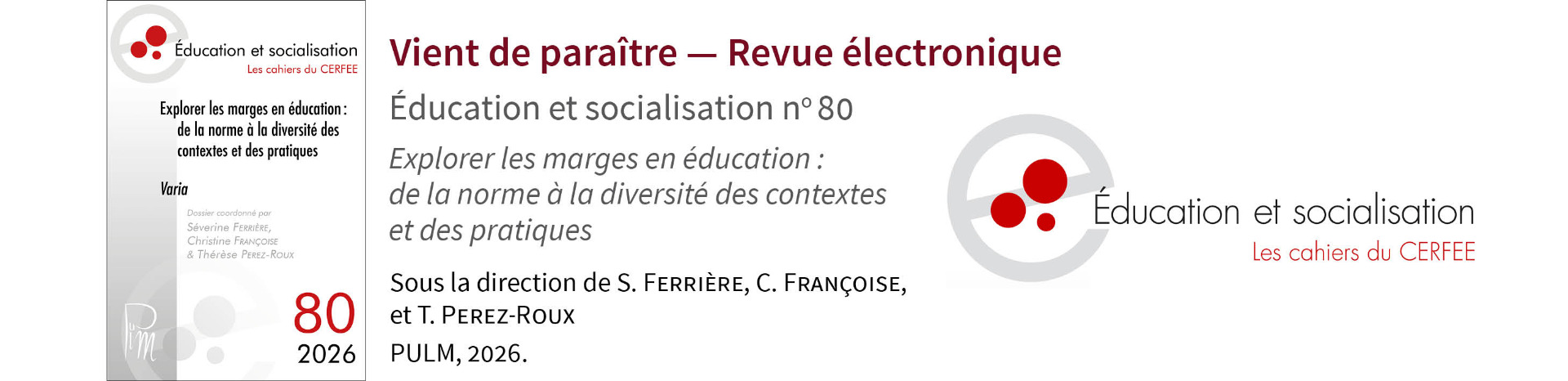 Parution du numéro 80 de la revue Éducation et socialisation